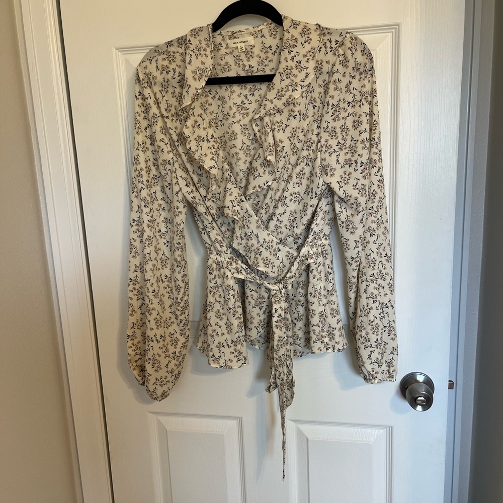 Max Studio Floral Ruffle Faux Wrap Top Large